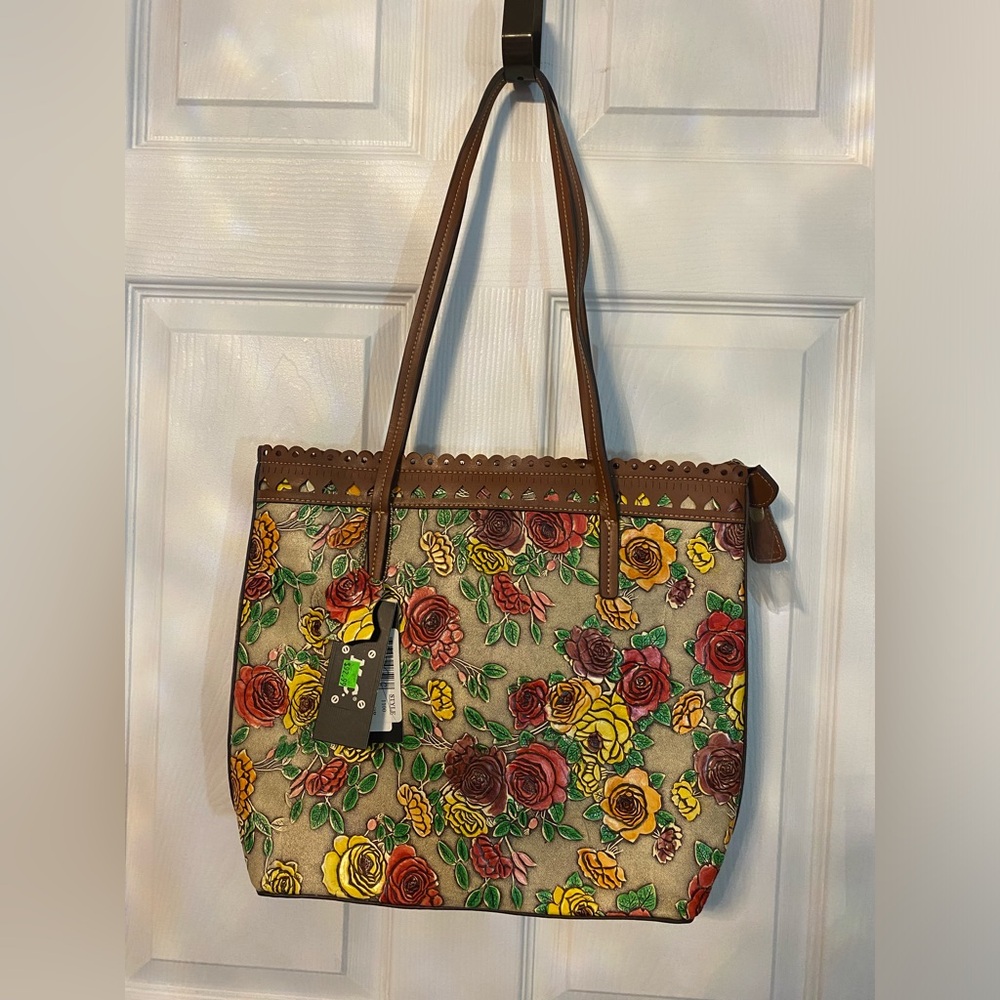 Rose Floral Embossed Leather Tote/Purse with Brown Leather Trim